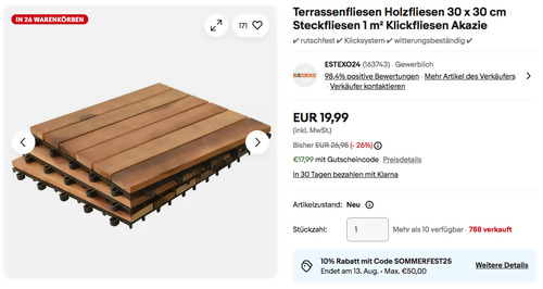 ESTEXO 512469 30 x 30 cm Terrassenfliesen Holzfliesen 1 m² Akazie ESTEXO 512469 30 x 30 cm Terrassenfliesen Holzfliesen 1 m² Akazie