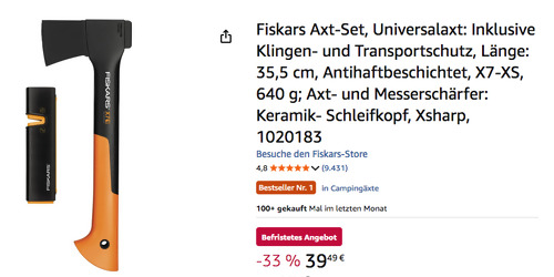 Fiskars X7-XS Axt & Xsharp Axt- und Messerschärfer Set Fiskars X7-XS Axt & Xsharp Axt- und Messerschärfer Set