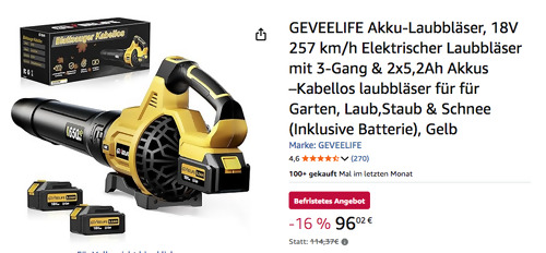 GEVEELIFE 18V-Gelb Akku-Laubbläser mit 2x5,2Ah Akkus (257 km/h, 3-Gang) GEVEELIFE 18V-Gelb Akku-Laubbläser mit 2x5,2Ah Akkus (257 km/h, 3-Gang)