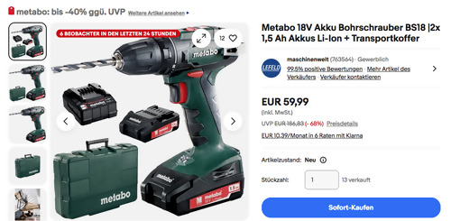 Metabo 18V Akku-Bohrschrauber BS18 mit 2x 1,5 Ah Akkus Li-Ion + Transportkoffer Metabo 18V Akku-Bohrschrauber BS18 mit 2x 1,5 Ah Akkus Li-Ion + Transportkoffer