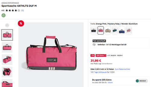 Otto.de - 20% Rabatt auf sommerliche Sale-Artikel: z.B. ADIDAS PERFORMANCE Sporttasche 4ATHLTS DUF M in Pink Otto.de - 20% Rabatt auf sommerliche Sale-Artikel: z.B. ADIDAS PERFORMANCE Sporttasche 4ATHLTS DUF M in Pink