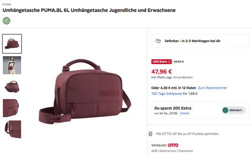 Otto.de - 20% Rabatt auf Styles von Puma: z.B. PUMA Umhängetasche PUMA.BL 6L in Ruby Shimmer Red Otto.de - 20% Rabatt auf Styles von Puma: z.B. PUMA Umhängetasche PUMA.BL 6L in Ruby Shimmer Red