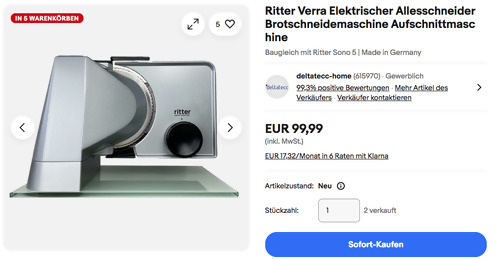 Ritter Verra Allesschneider (Brotschneidemaschine, Aufschnittmaschine, 65 Watt) Ritter Verra Allesschneider (Brotschneidemaschine, Aufschnittmaschine, 65 Watt)
