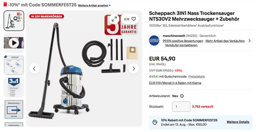 Scheppach 3IN1 Nass-/ Trockensauger NTS30V2, 30L Edelstahlbehälter Scheppach 3IN1 Nass-/ Trockensauger NTS30V2, 30L Edelstahlbehälter