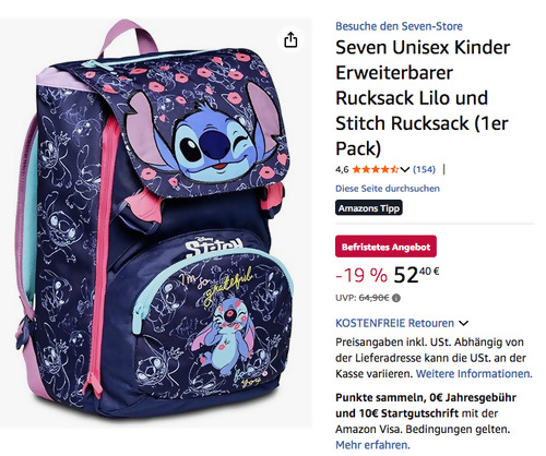 Seven Lilo und Stitch Rucksack in Violett, 28 x 40 x 13 (+9)cm Seven Lilo und Stitch Rucksack in Violett, 28 x 40 x 13 (+9)cm