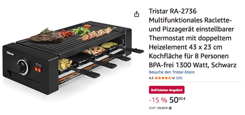Tristar RA-2736 Raclette- und Pizzagerät, 43 x 23 cm Grillplatte Tristar RA-2736 Raclette- und Pizzagerät, 43 x 23 cm Grillplatte