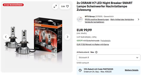 2x OSRAM H7 LED Night Breaker SMART Lampe Scheinwerfer (6000K, Zulassung) 2x OSRAM H7 LED Night Breaker SMART Lampe Scheinwerfer (6000K, Zulassung)