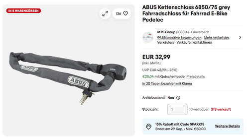 ABUS Kettenschloss 6850/75 grey Fahrradschloss, 75 cm ABUS Kettenschloss 6850/75 grey Fahrradschloss, 75 cm