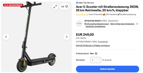 Acer AES023 E-Scooter mit Straßenzulassung 350W (25 km Reichweite, 20 km/h, klappbar) Acer AES023 E-Scooter mit Straßenzulassung 350W (25 km Reichweite, 20 km/h, klappbar)