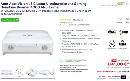 Acer ApexVision L812 Laser Ultrakurzdistanz DLP-Projektor (4K-UHD, 4000 ANSI Lumen, Fußballmodus) Acer ApexVision L812 Laser Ultrakurzdistanz DLP-Projektor (4K-UHD, 4000 ANSI Lumen, Fußballmodus)