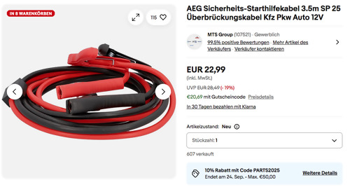 AEG 97216 3.5m Sicherheits-Starthilfekabel (StartProtect-Technologie, 25 mm² Kupferkabel) AEG 97216 3.5m Sicherheits-Starthilfekabel (StartProtect-Technologie, 25 mm² Kupferkabel)