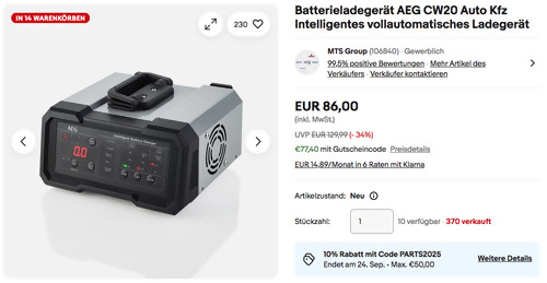 AEG CW20 Batterieladegerät, Mikroprozessor mit vollautomatischen Funktionen AEG CW20 Batterieladegerät, Mikroprozessor mit vollautomatischen Funktionen