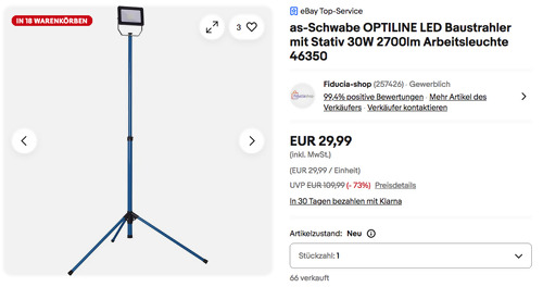 as-Schwabe 46350 OPTILINE LED Baustrahler mit Stativ (30W, 2700lm) as-Schwabe 46350 OPTILINE LED Baustrahler mit Stativ (30W, 2700lm)