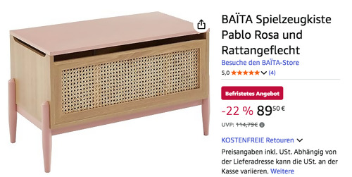 BAÏTA Spielzeugkiste Pablo Rosa und Rattangeflecht, 74 x 40 x 47,5 cm BAÏTA Spielzeugkiste Pablo Rosa und Rattangeflecht, 74 x 40 x 47,5 cm