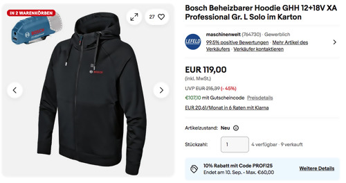 Bosch Beheizbarer Hoodie GHH 12+18V XA Professional Gr. L Solo im Karton Bosch Beheizbarer Hoodie GHH 12+18V XA Professional Gr. L Solo im Karton