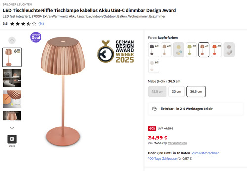 BRILONER LEUCHTEN 36,5 cm Akku LED-Tischleuchte "Riffle", versch. Farben BRILONER LEUCHTEN 36,5 cm Akku LED-Tischleuchte "Riffle", versch. Farben
