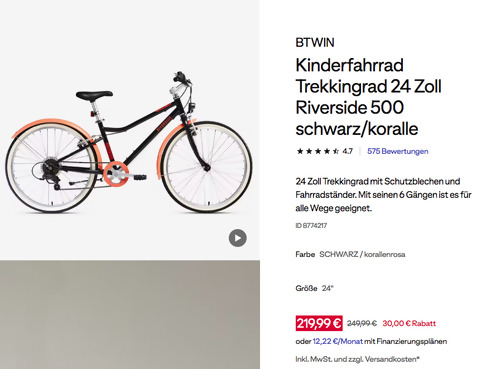 BTWIN Kinderfahrrad Trekkingrad 24 Zoll Riverside 500 schwarz/koralle BTWIN Kinderfahrrad Trekkingrad 24 Zoll Riverside 500 schwarz/koralle