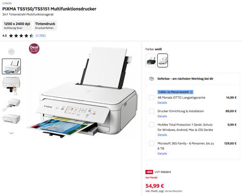 CANON PIXMA TS5150/TS5151 3in1 Multifunktionsdrucker in Weiß CANON PIXMA TS5150/TS5151 3in1 Multifunktionsdrucker in Weiß