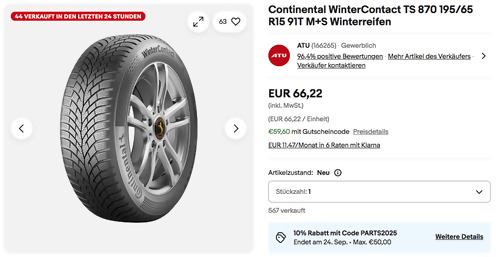 Continental WinterContact TS 870 195/65 R15 91T M+S Winterreifen Continental WinterContact TS 870 195/65 R15 91T M+S Winterreifen