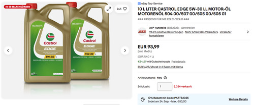Ebay - 10% Rabatt auf Fahrzeugteile & Zubehör: z.B. 2x 5 L Castrol EDGE 5W-30 LL Motoröl Ebay - 10% Rabatt auf Fahrzeugteile & Zubehör: z.B. 2x 5 L Castrol EDGE 5W-30 LL Motoröl