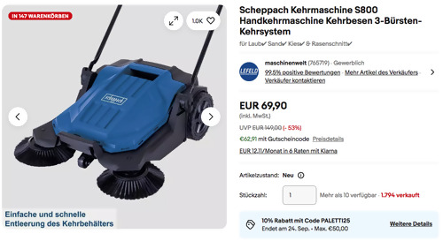 Ebay - 10% Rabatt auf Garten- und Terrassenartikel: z.B. Scheppach S800 Handkehrmaschine Ebay - 10% Rabatt auf Garten- und Terrassenartikel: z.B. Scheppach S800 Handkehrmaschine