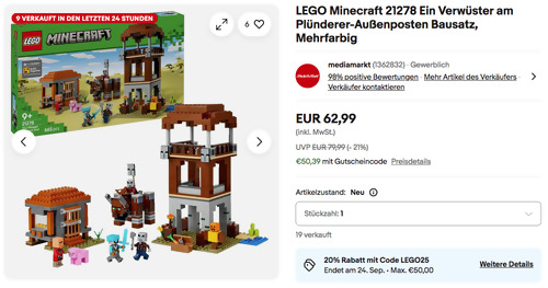 Ebay - 20% Rabatt auf LEGO Sets: z.B. LEGO Minecraft 21278 Ein Verwüster am Plünderer-Außenposten Bausatz Ebay - 20% Rabatt auf LEGO Sets: z.B. LEGO Minecraft 21278 Ein Verwüster am Plünderer-Außenposten Bausatz