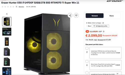 Erazer Hunter X30 i7-14700F 32GB/1TB SSD RTX4070 Ti Super Win 11 Gaming-PC Erazer Hunter X30 i7-14700F 32GB/1TB SSD RTX4070 Ti Super Win 11 Gaming-PC