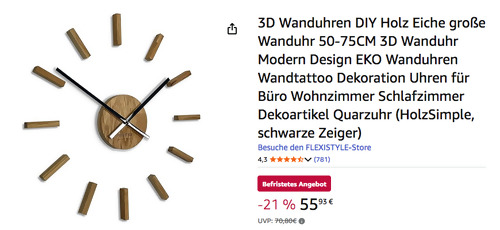 FLEXISTYLE 3D DIY Wanduhr Eiche mit schwarzen Zeiger FLEXISTYLE 3D DIY Wanduhr Eiche mit schwarzen Zeiger