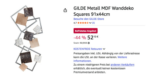 GILDE Metall MDF Wanddeko Squares 91x44cm GILDE Metall MDF Wanddeko Squares 91x44cm