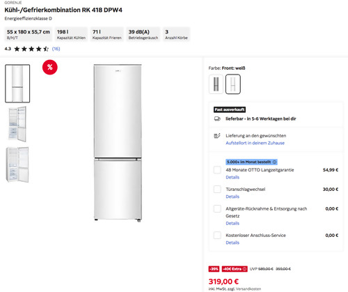 GORENJE Kühl-/Gefrierkombination RK 418 DPW4 in Weiß (180 cm hoch, 269 Liter) GORENJE Kühl-/Gefrierkombination RK 418 DPW4 in Weiß (180 cm hoch, 269 Liter)