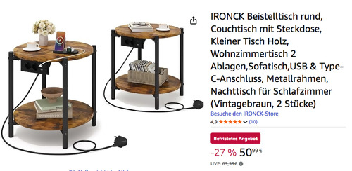 IRONCK DE-BFW-01 2er Set Beistelltisch rund in Vintagebraun (mit Steckdose, 40 x 40 x 47 cm) IRONCK DE-BFW-01 2er Set Beistelltisch rund in Vintagebraun (mit Steckdose, 40 x 40 x 47 cm)
