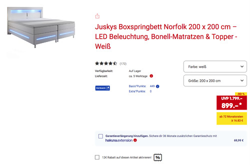 Juskys 200 x 200 cm Boxspringbett Norfolk in Weiß (LED Beleuchtung, Bonell-Matratzen & Topper) Juskys 200 x 200 cm Boxspringbett Norfolk in Weiß (LED Beleuchtung, Bonell-Matratzen & Topper)