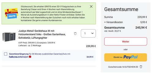Juskys Metall Gerätehaus M (130 x 213 x 171 cm) mit Holzunterstand links + 30 Netto Marken-Discount Filialgutschein Juskys Metall Gerätehaus M (130 x 213 x 171 cm) mit Holzunterstand links + 30 Netto Marken-Discount Filialgutschein