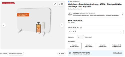 Könighaus 450W Dual-Infrarotheizung in Weiß (Standgerät/Wandmontage, inkl App/Wifi) Könighaus 450W Dual-Infrarotheizung in Weiß (Standgerät/Wandmontage, inkl App/Wifi)
