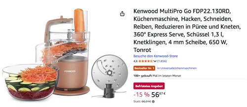 Kenwood MultiPro Go FDP22.130RD Küchenmaschine, 650 Watt Kenwood MultiPro Go FDP22.130RD Küchenmaschine, 650 Watt
