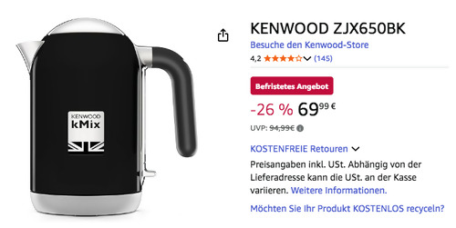 KENWOOD ZJX650BK 1 Liter Wasserkocher, 2200 Watt KENWOOD ZJX650BK 1 Liter Wasserkocher, 2200 Watt