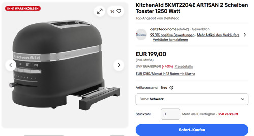 KitchenAid 5KMT2204E ARTISAN 2 Scheiben Toaster in Schwarz KitchenAid 5KMT2204E ARTISAN 2 Scheiben Toaster in Schwarz