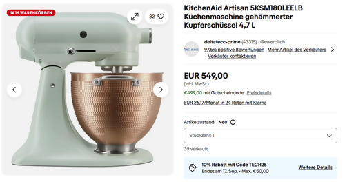 KitchenAid Artisan 5KSM180LEELB Küchenmaschine mit 4,7 L gehämmerter Kupferschüssel KitchenAid Artisan 5KSM180LEELB Küchenmaschine mit 4,7 L gehämmerter Kupferschüssel
