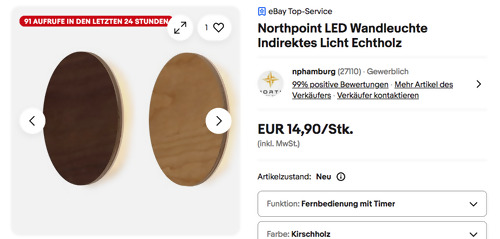 Northpoint 14,7 cm Echtholz LED-Wandleuchte Indirektes Licht, versch. Farben Northpoint 14,7 cm Echtholz LED-Wandleuchte Indirektes Licht, versch. Farben