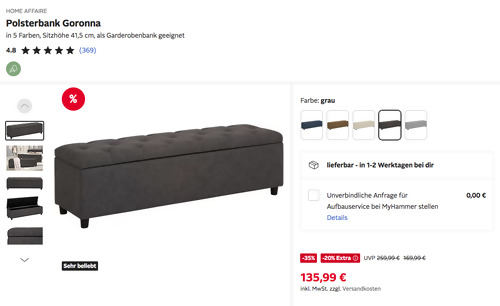 Otto.de - 20% Rabatt auf ausgewählte Möbel: z.B. HOME AFFAIRE 140 cm Polsterbank Goronna in Grau Otto.de - 20% Rabatt auf ausgewählte Möbel: z.B. HOME AFFAIRE 140 cm Polsterbank Goronna in Grau