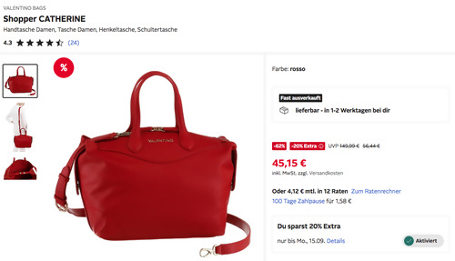 Otto.de - 20% Rabatt auf Mode: z.B. VALENTINO BAGS Shopper CATHERINE in Rosso Otto.de - 20% Rabatt auf Mode: z.B. VALENTINO BAGS Shopper CATHERINE in Rosso