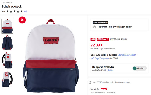 Otto.de - 20% Rabatt auf Styles von Levi's: z.B. LEVI'S KIDS Schulrucksack in Dress Blues Otto.de - 20% Rabatt auf Styles von Levi's: z.B. LEVI'S KIDS Schulrucksack in Dress Blues