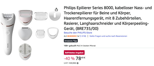 Philips BRE735/00 kabelloser Nass- und Trockenepilierer für Beine und Körper Philips BRE735/00 kabelloser Nass- und Trockenepilierer für Beine und Körper