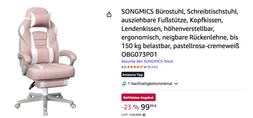 SONGMICS OBG073P01 Bürostuhl in Pastellrosa-Cremeweiß, ausziehbare Fußstütze SONGMICS OBG073P01 Bürostuhl in Pastellrosa-Cremeweiß, ausziehbare Fußstütze