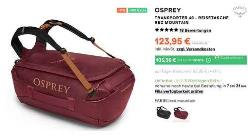 SportScheck.com - 15% Rabatt auf ausgewählte Outdoor Artikel: z.B. Osprey Transporter 40 in Red Mountain SportScheck.com - 15% Rabatt auf ausgewählte Outdoor Artikel: z.B. Osprey Transporter 40 in Red Mountain