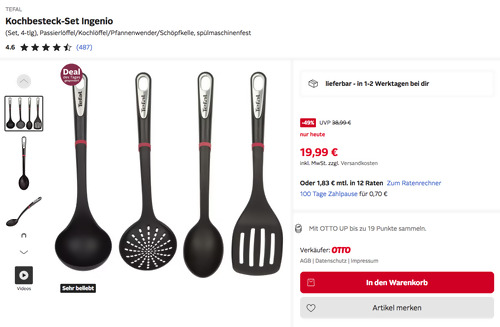 TEFAL 4-tlg. Kochbesteck-Set Ingenio (Passierlöffel/Kochlöffel/Pfannenwender/Schöpfkelle) TEFAL 4-tlg. Kochbesteck-Set Ingenio (Passierlöffel/Kochlöffel/Pfannenwender/Schöpfkelle)