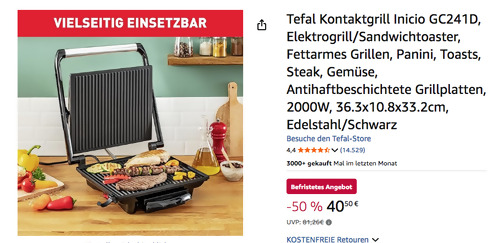 Tefal Inicio GC241D Kontaktgrill, 2000 Watt Tefal Inicio GC241D Kontaktgrill, 2000 Watt