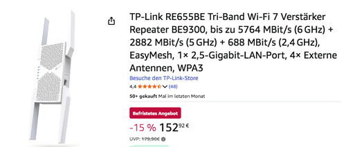 TP-Link RE655BE Tri-Band Wi-Fi 7 Verstärker Repeater (6 GHz/5 GHz,2,4 GHz) TP-Link RE655BE Tri-Band Wi-Fi 7 Verstärker Repeater (6 GHz/5 GHz,2,4 GHz)