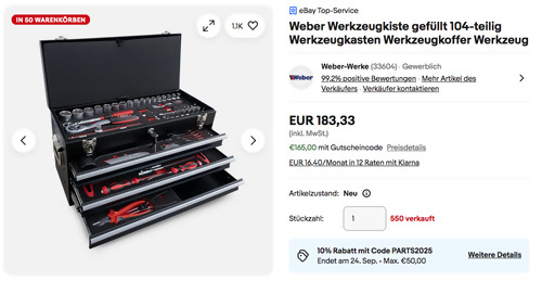 Weber WZ-WW104 104-tlg. Werkzeugkiste mit 3 Schubladen und Klappdeckel Weber WZ-WW104 104-tlg. Werkzeugkiste mit 3 Schubladen und Klappdeckel