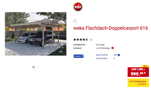 weka Flachdach-Doppelcarport 616, 500 x 500 cm weka Flachdach-Doppelcarport 616, 500 x 500 cm